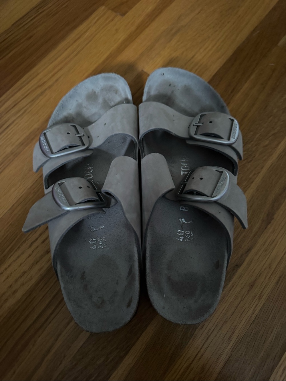 Birkenstock Narrow Double‑Strap Slide Sandals — Gray